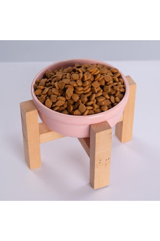 Pembe Ahşap Standlı Seramik Mama/ Su Kabı Kedi Köpek Mama Su Kabı