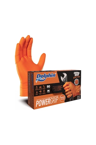 Dolphin Nitril Powergrip Ekstra Kalın Elmas Dokulu Eldiven Turuncu Meidum Orta Boy - 50'li Paket