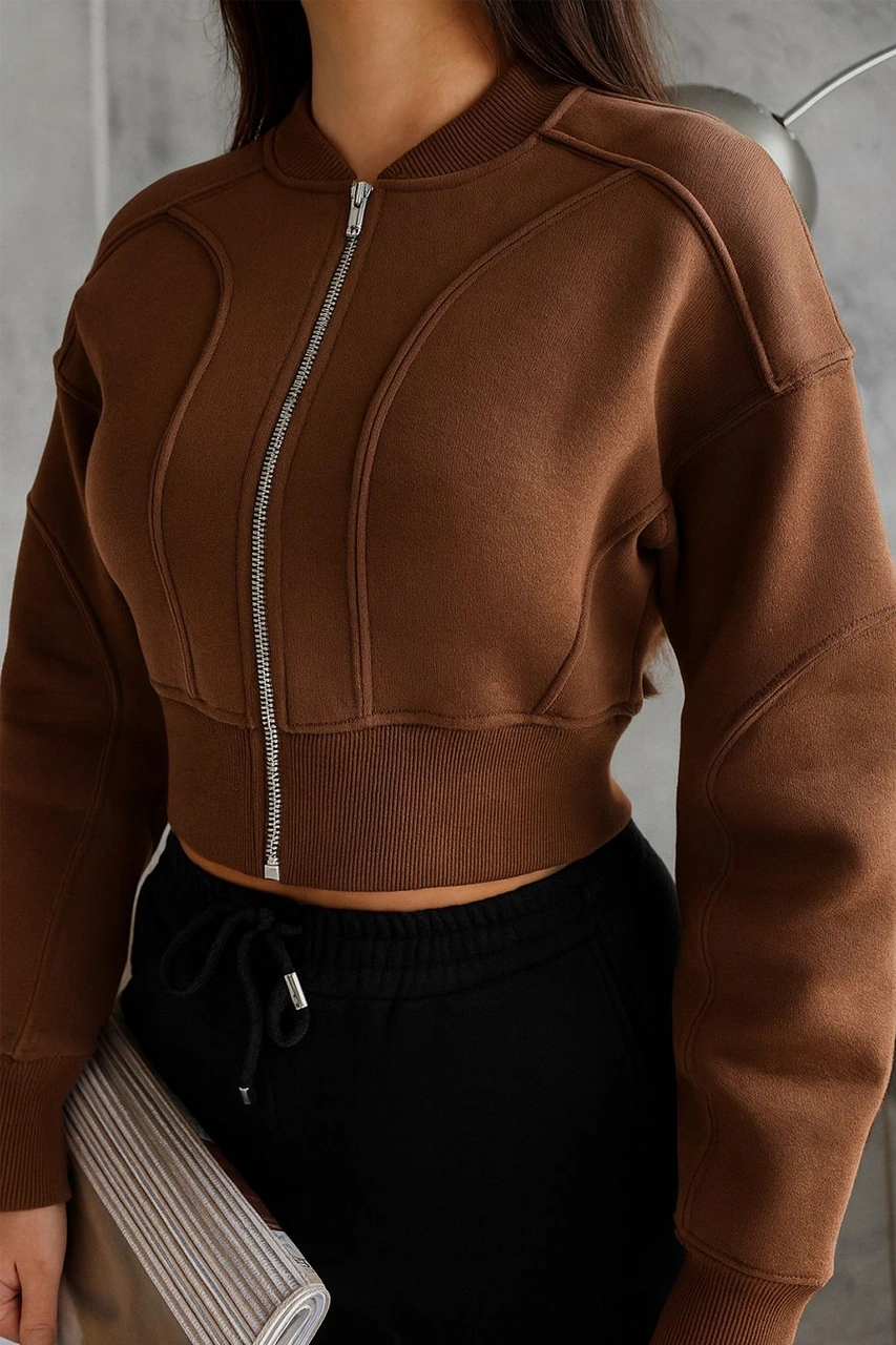 Noa & Noa Kadın Fermuarlı Fit Cropped Sweatshirt Sportif & Şehirli Stil Kahverengi