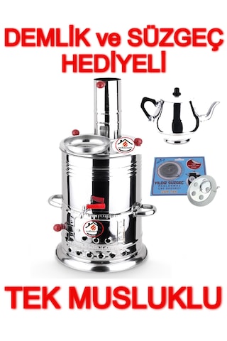 Tek Musluklu Odunlu Kömürlü Çay Semaveri Odunlu Kömürlü Semaver - 5 Litre - Demlik 1 Litre