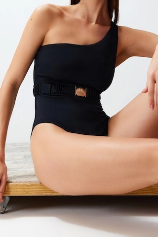 Ersefa Kadın Moda Atma Kap Askılı Brief Yaka Mavi Kemerli Tek Omuz Premi Siyah
