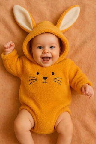 Aden Kids Kapüşonlu Bebek Peluş Çıtçıtlı Badi Sarı