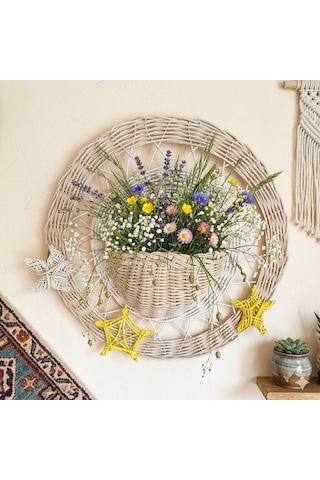 Rattan El Örgüsü Yıldızlı Duvar Sepeti Ve Çiçeklik - Duvar Süsü Ürün Çap: 40 Cm Sepet Haznesi Derinlik:11 Cm / Genişlik::17 Cm