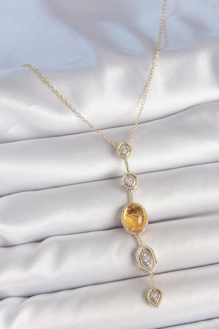 Pirinç Zincir Kehribar Sarı Gold Renk Zirkon Taşlı Y Kolye Çok Renkli