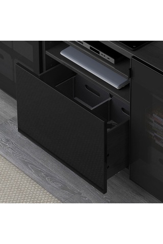 Tv Sehpası, Venge-parlak Cila-siyah-füme Cam, 180x40x74 Cm, Selsvıken/glassvık, Fren Raylı Gri