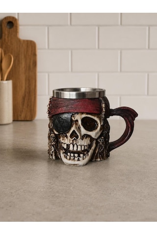 Korsan Kuru Kafa Kupa Bardak 400 Ml Paslanmaz Çelik İç Hazneli Dekoratif Skull Mug Kahve Çay Kupası