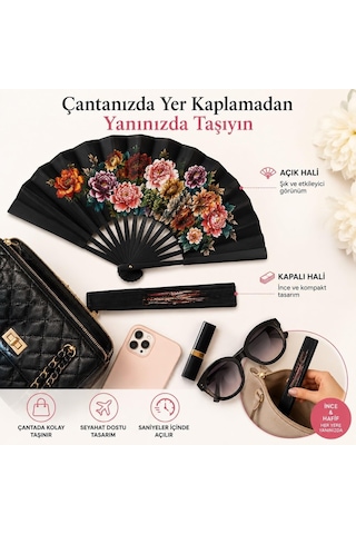 Coverzone Katlanabilir El Yelpazesi Siyah Çiçek Desenli Japon Yelpazesi Taşınabilir El Fanı Yazlık Serinletici Dek