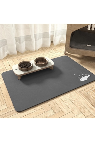 MatGo Pati Balık Figürlü Su Geçirmez Kaymaz Gri Kedi Köpek Mama Paspası 50 x 70 CM