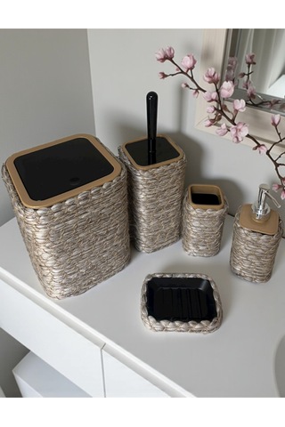 Doğal Dokulu Hasır Görünümlü 6 Parça Banyo Takımı Zarif Ve Modern Gri