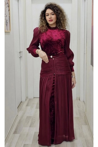 Çiçek Detaylı Çıkarılabilir Etekli Kadife Abiye 2752-bordo Bordo