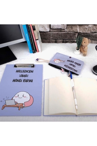 Halledicem Ama Hangi Birini Tasarımlı Sekreterlik Defter Ve Kalemlik Kırtasiye Seti Mavi