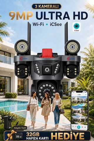 İcsee 9003 9mp 3 Lens Wifi Güvenlik Kamerası, Motorlu Gece Görüşlü Dış Mekan Kamera, 32gb Kart Ve Adaptör