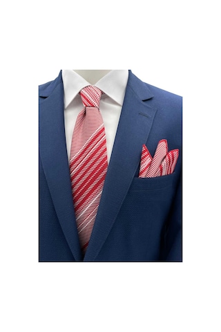 Brianze Kırmızı Beyaz Çizgili Kravat Mendil Set Kırmızı - Beyaz