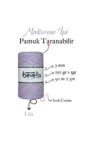 Taranan Makrome Ipi 3mm Tek Büküm Taranabilir Pamuk Makrome Ipi Lila