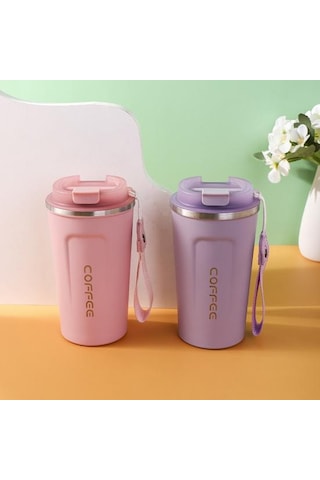 Pembe Mühür Kapaklı Seyahat Kahve Kupa Dökülmeye Dayanıklı Yalıtımlı Çevre Dostu Kolay Tek Elle İçme Paslanmaz