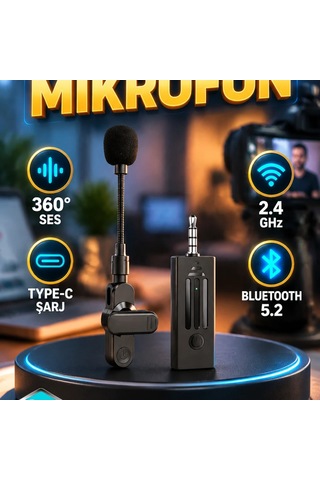 Kablosuz Yaka Mikrofonu 360 Ses Algılama 2.4 Ghz, Bluetooth 5.2 Ve Type-c Şarj