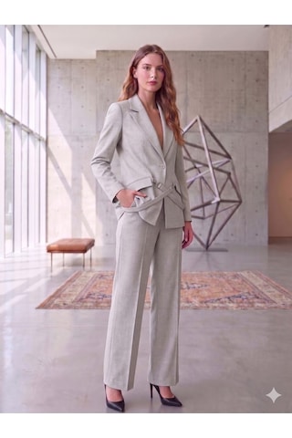 Prenses Blazer Ceket Geniş Paça Pantolon Takım Elbise Ekru