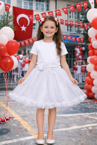 Her Şey Nota Kız Çocuk Beyaz Fırfırlı Tül Etek 5-13 Yaş Kabarık Tasarım
