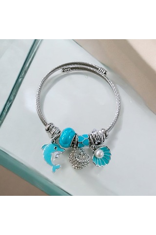 Kadın Çelik Charm Bileklik Bilezik Yunus Figürlü Mavi Çelik