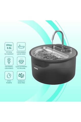 Haustier Wf009ls Siyah , Çelik Üst Tabla , 3.5lt Geniş Bpa İçermez Hazne, Otomatik Kedi Su Sebili,kedi Su Çeşmesi, Su Pınarı