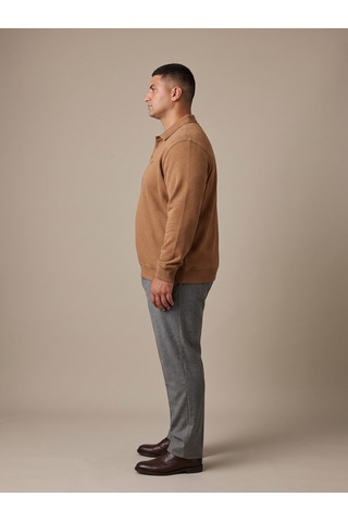 Maccali Erkek Açık Kahve Büyük Beden Polo Yaka Battal Sweatshirt