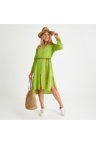 Pamuklu Dokuma Müslin Hakim Yaka Kemer Detaylı Plaj Gömlek Elbise - Small Yeşil