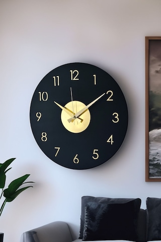 Ahşap Dekoratif Pleione Gold Aynalı Duvar Saati 48cm Siyah - Gold