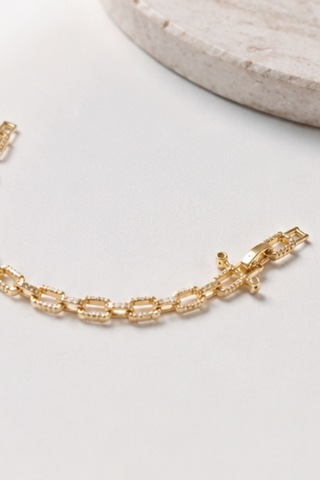 Balenbi Jewelry Kadın Taşlı Dikdörtgen Halkalı Kararmaz Çelik Zincir Bileklik 14k Gold 1141 Altın