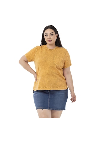 Disentis Büyük Beden Parça Boyalı Bisiklet Yaka Kavisli Yırtmaçlı Hardal T-shirt-hardal Hardal