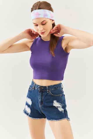 Butikgiz Kadın Sıfır Kol Bisiklet Yaka Vücuda Oturan %100 Pamuklu Kaşkorse Esnek Crop Bluz Mor
