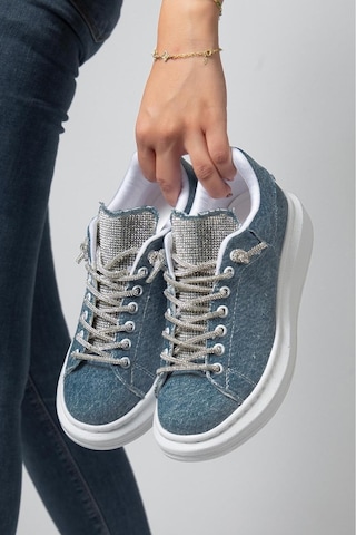 Erceka Taşlı Günlük Kullanıma Uygun Kadın Spor Ayakkabı Sneaker Bağcıklı Su Geçirmez Siyah-beyaz-mavi Taşlıkoyumavikot