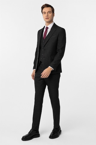 Süvari Siyah Slim Fit Desenli Sivri Yaka 6 Drop Yelekli Klasik Takım Elbise Siyah