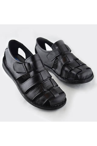 Ayakkabiburada 033 Topuk Jelli Hakiki Deri Erkek Sandalet Ayakkabı Siyah