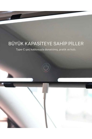 Techtic Araç İçi Led Işıklı Makyaj Aynası Dokunmatik Şarjlı 3 Modlu Hd Güneşlik Aynası 23,5-12,7 Cm Beyaz