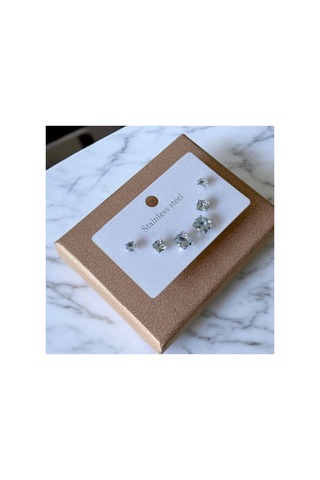 Stainless Üç 3 Çift Kare Şık Günlük Casual Çelik Küpe Seti 10 Gold