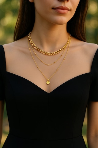 Altın Renk Üç Katlı Zincir Kolye Kalın Choker & İnce Zincir & M Gold