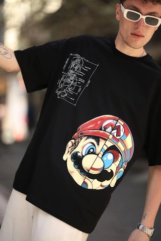Assema Erkek Mario Baskılı T-shirt Oversize Kısa Kol Bisiklet Yaka Tişort - Siyah Çok Renkli