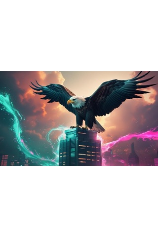 Kartal Fütüristik Bir Şehirde Neon Parıltı Stili 05 Çerçevesiz 50x30 Cm Pvc Tablo
