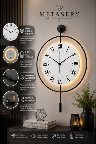 Siyah - Royal Kadran Exclusive - 3 Pil Ile Gelir Led Kristal - Modern Metal Duvar Saati