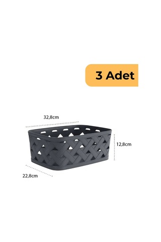 Deri Desenli Sepet, 3'lü Set, Antrasit Antrasit