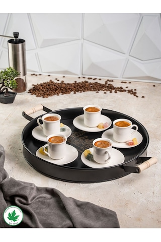 Lin Metal 37cm Yuvarlak Tepsi Ahşap Kulplu Kaktüs Baskılı - Siyah