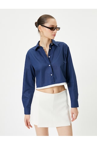 Koton Crop Poplin Gömlek Etek Ucu Renk Kontrastlı Uzun Kollu Pamuklu Lacivert 4sal60161ıw Lacivert