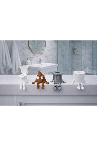 3dprototürk 4'lü Eğlenceli Banyo Dekoratif Figür Seti /tuvalet Kağıdı, Kaka Emojisi, Çöp Kovası, Klozet Aksesua