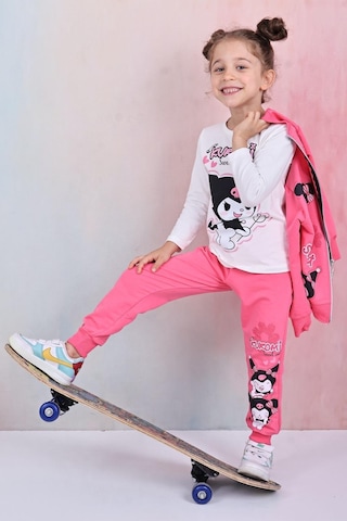 Karakter Baskılı Penye Ceketli - Penye Sweatshirt - Penye Pantolonlu Kız Çocuk 3lü Takım Fuşya