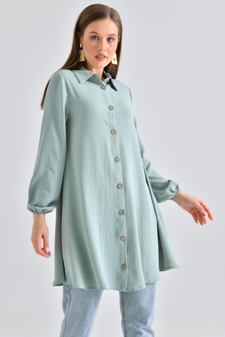 Saade Sââde Kadın Gömlek Yaka Ahşap Düğmeli Kolağzı Lastikli Aerobin Dokuma Tunik - Regular Fit Mint