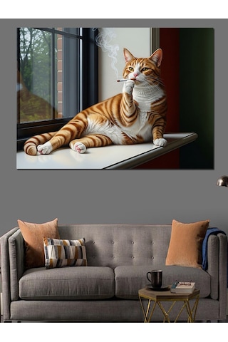 Kedi Güneşli Pencere Kenarı Dekoratif Kanvas - Mdf Ahşap Tablo