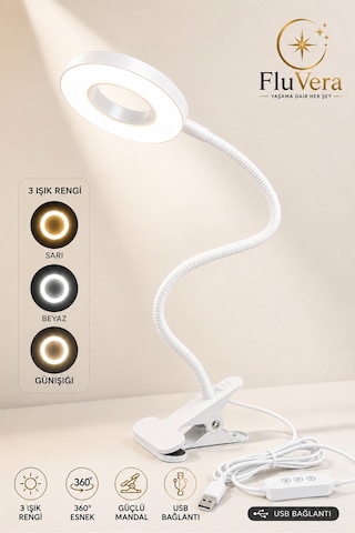 Usb Led Halka Masa Lambası 3 Renk Işık 360 Esnek Gövde Mandallı Klipsli Çalışma Okuma Makyaj Lambası Beyaz
