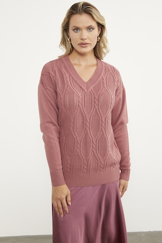 V Yaka Motifli Triko Kazak - Gül 001