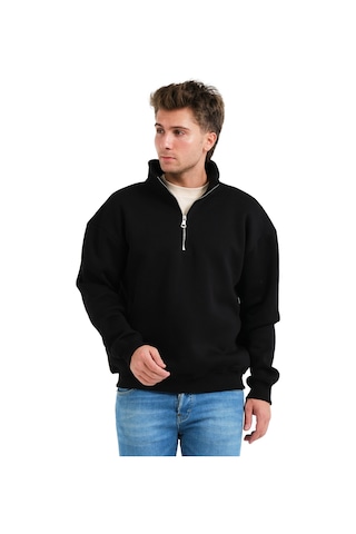 Justever Regular Fit Dik Yaka Yarı Fermuarlı Şardonlu Siyah Erkek Sweatshirt - Prime Siyah