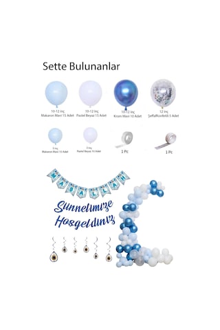 Sünnetimize Hoşgeldiniz Banner, Maşallah Banner, Nazar Boncuğu Tavan Süs Ve Balon Zincir Set Mavi